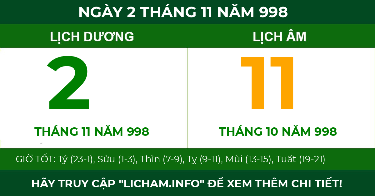lịch âm ngày 2 tháng 11 năm 998