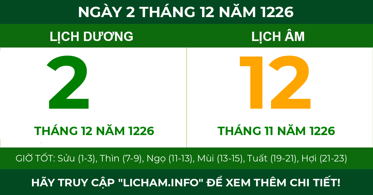 lịch âm ngày 2 tháng 12 năm 1226