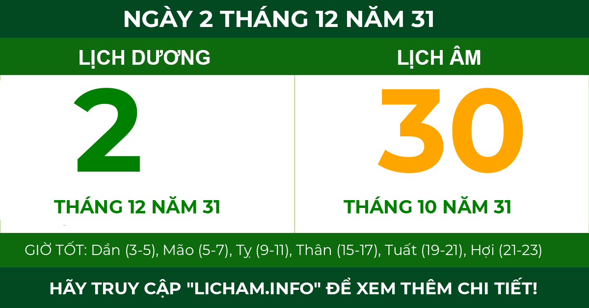 lịch âm ngày 2 tháng 12 năm 31