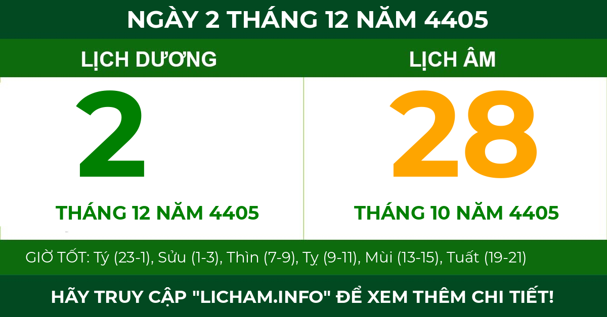 lịch âm ngày 2 tháng 12 năm 4405