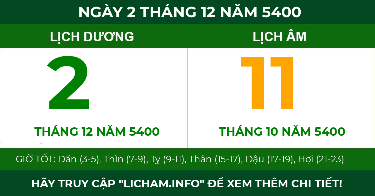 lịch âm ngày 2 tháng 12 năm 5400