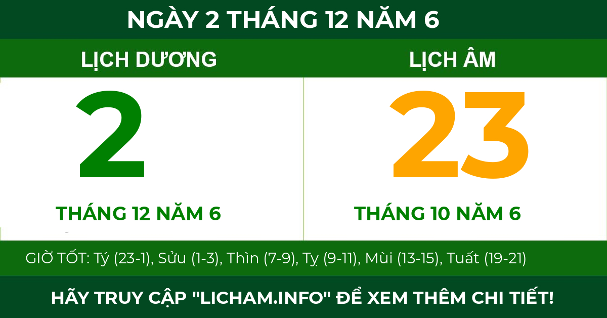 lịch âm ngày 2 tháng 12 năm 6