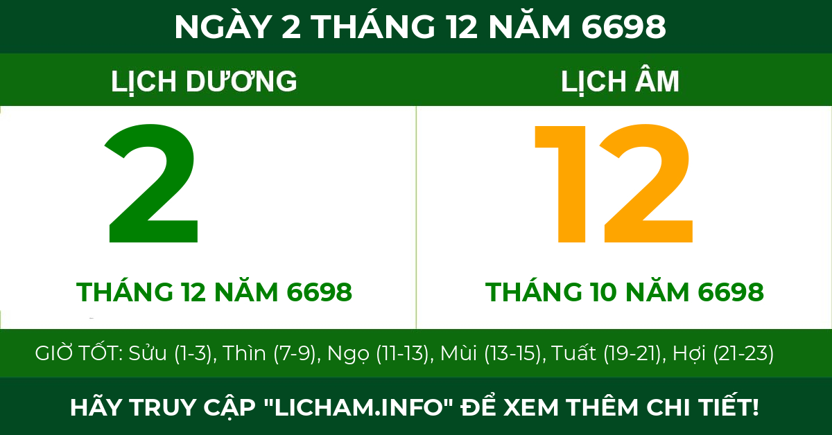 lịch âm ngày 2 tháng 12 năm 6698
