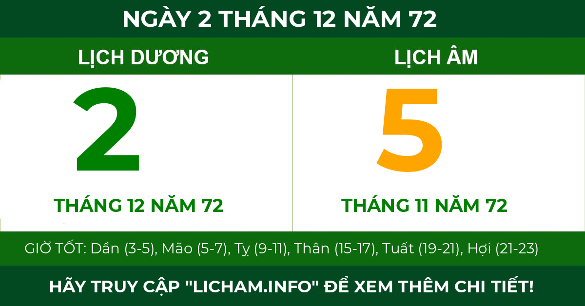 lịch âm ngày 2 tháng 12 năm 72