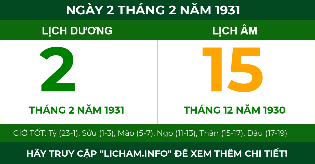 lịch âm ngày 2 tháng 2 năm 1931