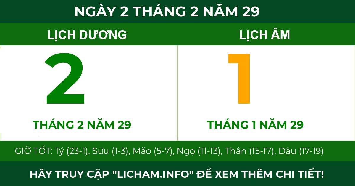 lịch âm ngày 2 tháng 2 năm 29