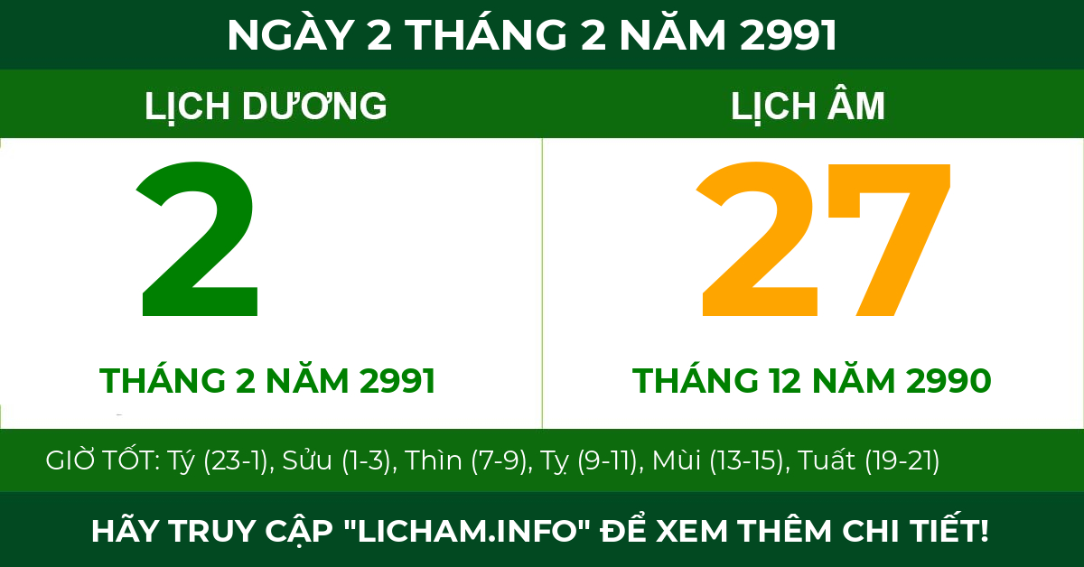 lịch âm ngày 2 tháng 2 năm 2991