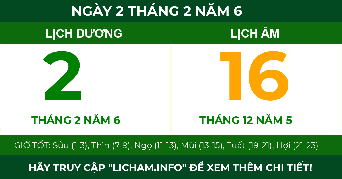 lịch âm ngày 2 tháng 2 năm 6