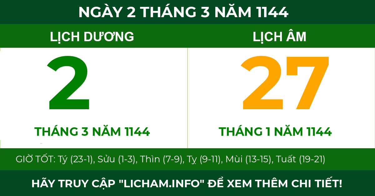 lịch âm ngày 2 tháng 3 năm 1144