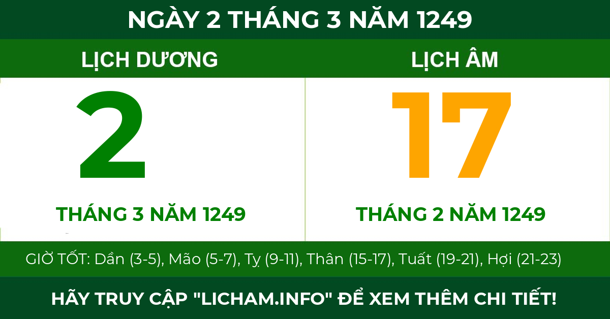 lịch âm ngày 2 tháng 3 năm 1249