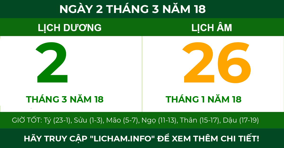 lịch âm ngày 2 tháng 3 năm 18