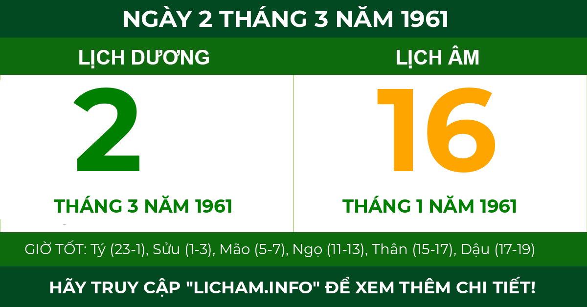 lịch âm ngày 2 tháng 3 năm 1961