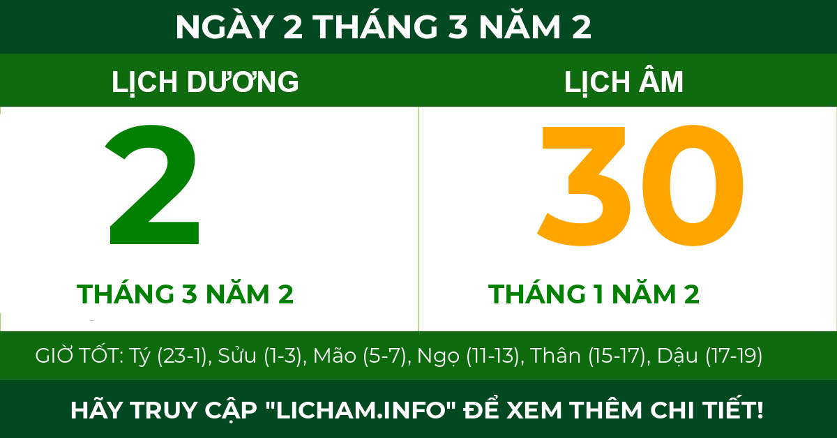 lịch âm ngày 2 tháng 3 năm 2