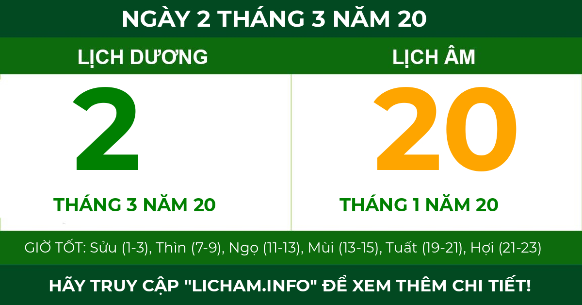lịch âm ngày 2 tháng 3 năm 20