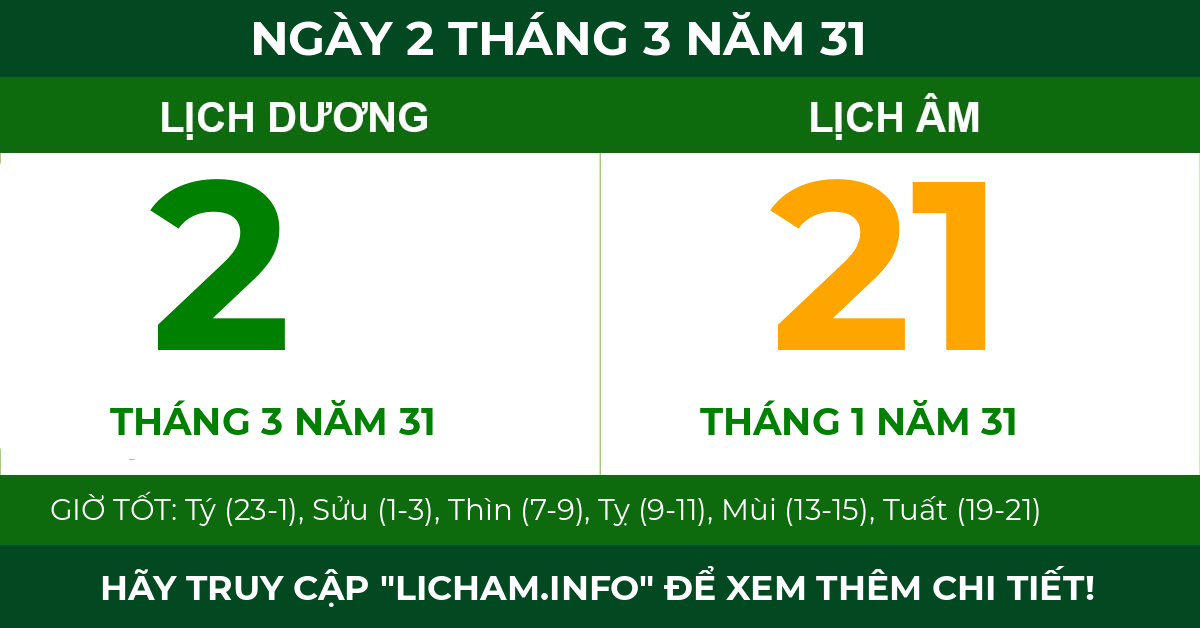 lịch âm ngày 2 tháng 3 năm 31
