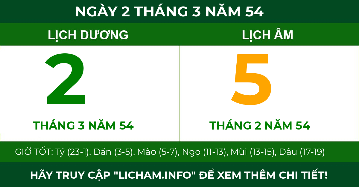 lịch âm ngày 2 tháng 3 năm 54