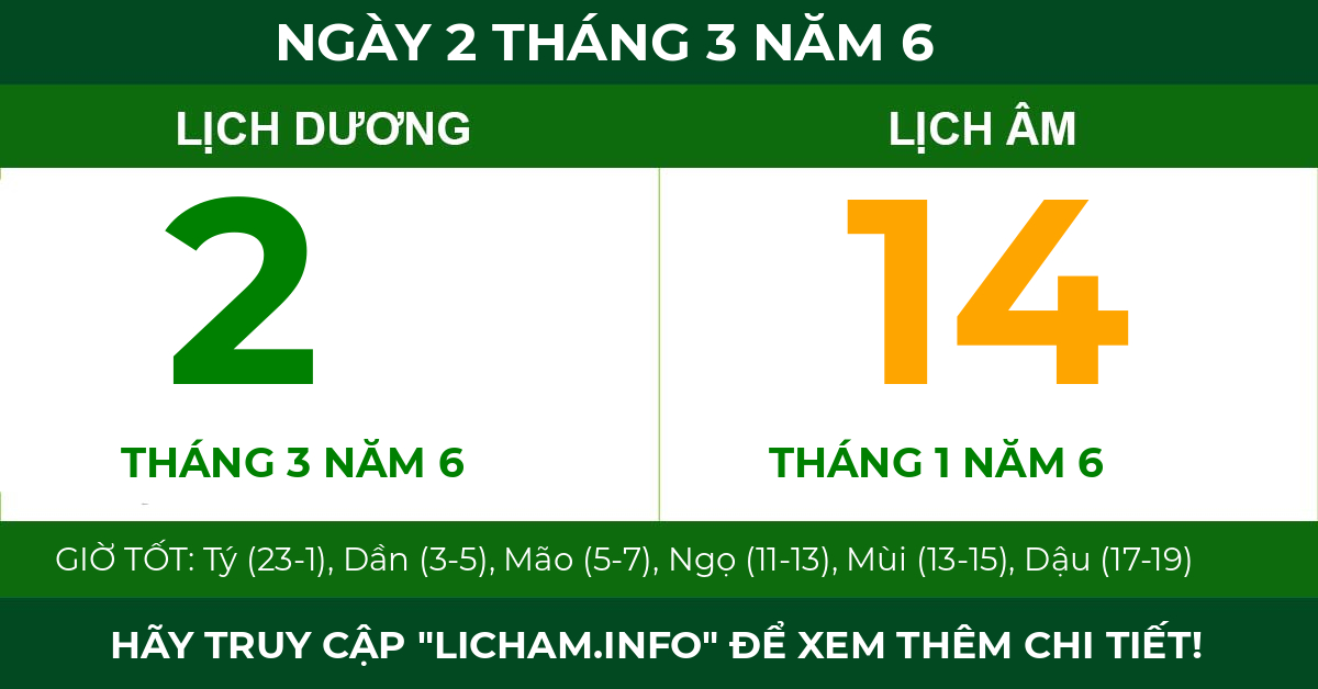 lịch âm ngày 2 tháng 3 năm 6