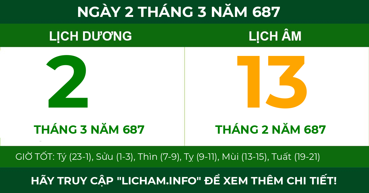 lịch âm ngày 2 tháng 3 năm 687