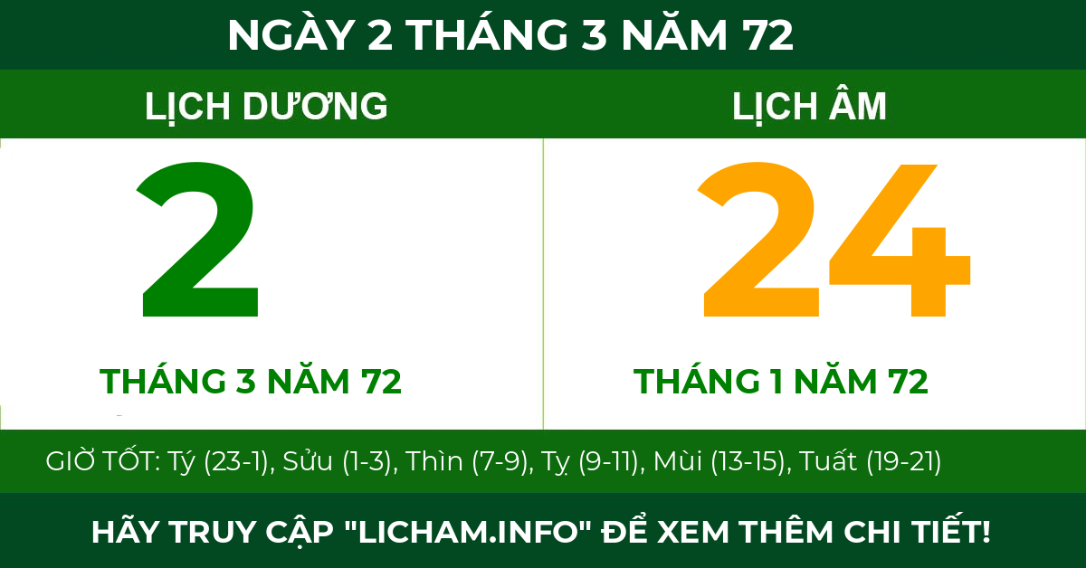 lịch âm ngày 2 tháng 3 năm 72