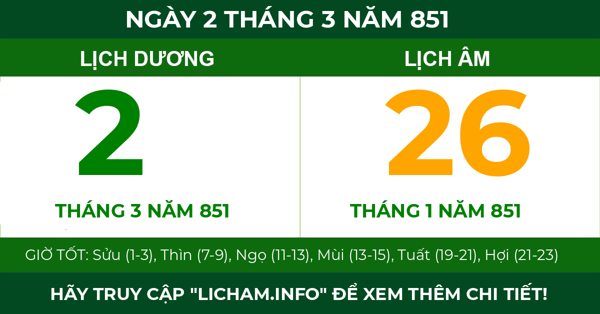 lịch âm ngày 2 tháng 3 năm 851