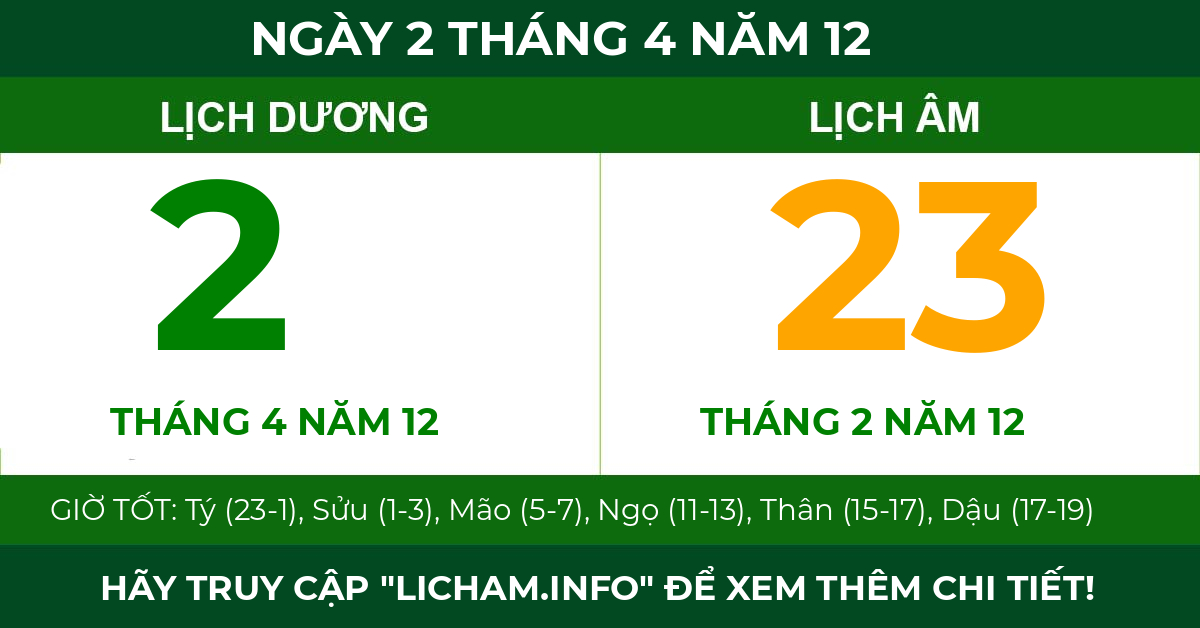 lịch âm ngày 2 tháng 4 năm 12