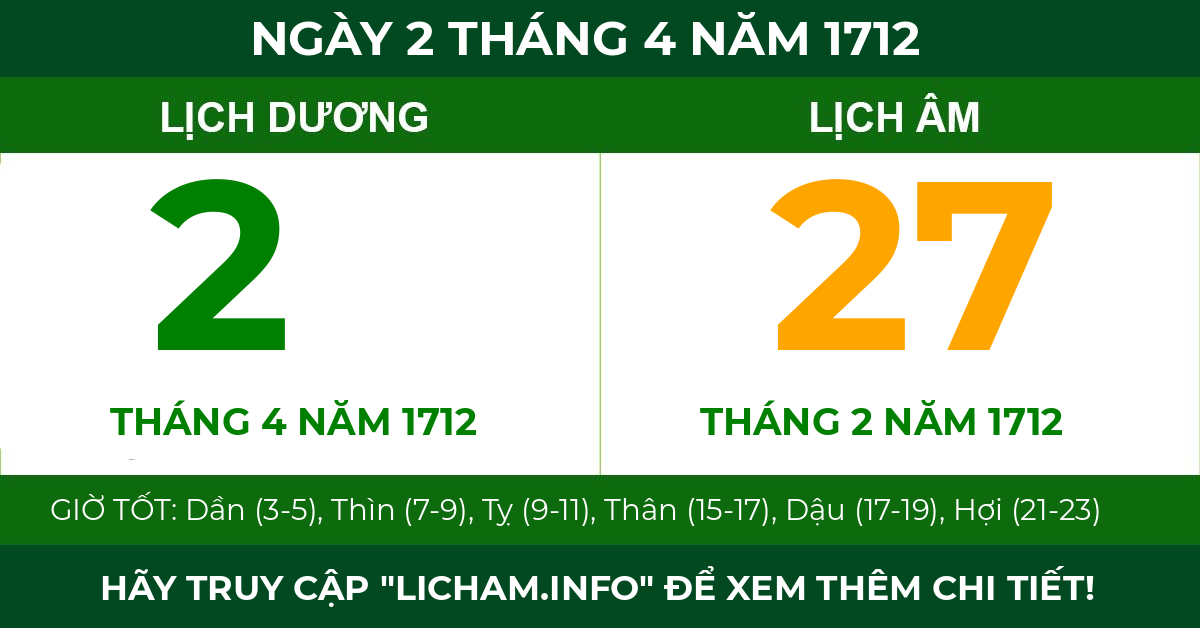 lịch âm ngày 2 tháng 4 năm 1712
