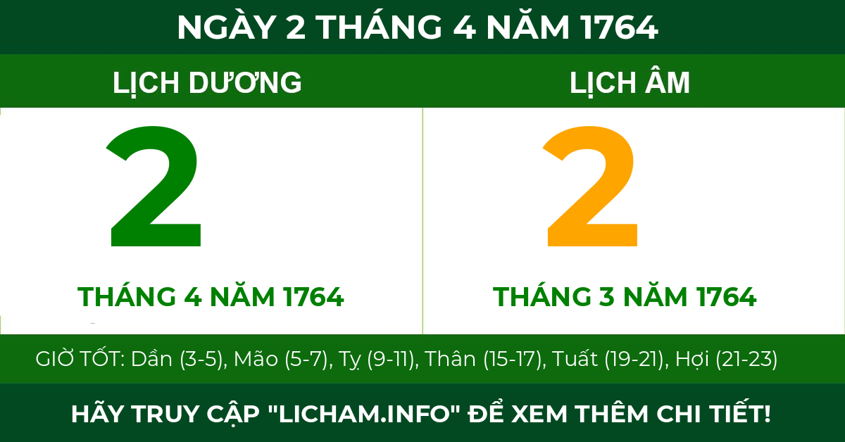 lịch âm ngày 2 tháng 4 năm 1764
