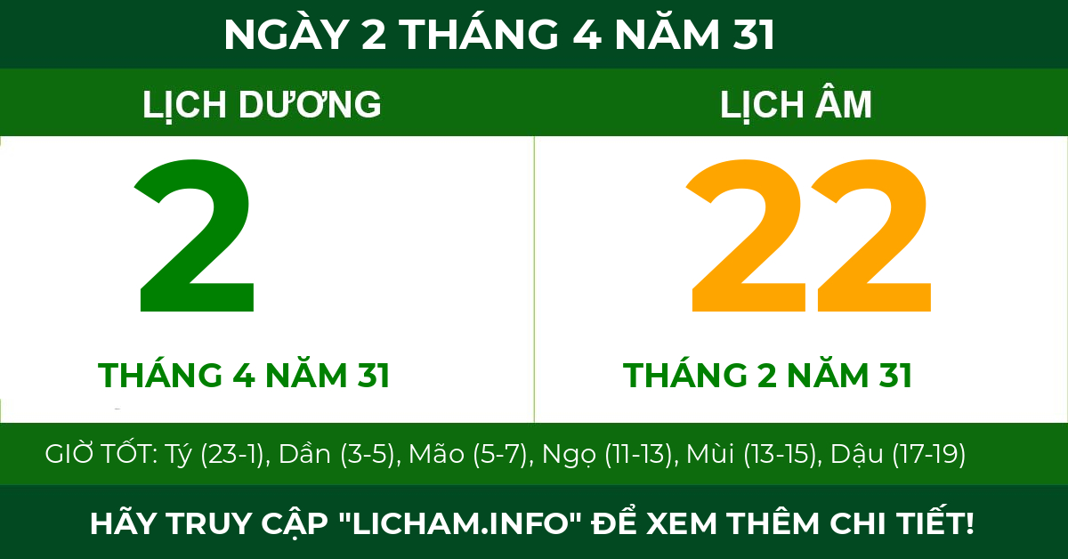 lịch âm ngày 2 tháng 4 năm 31