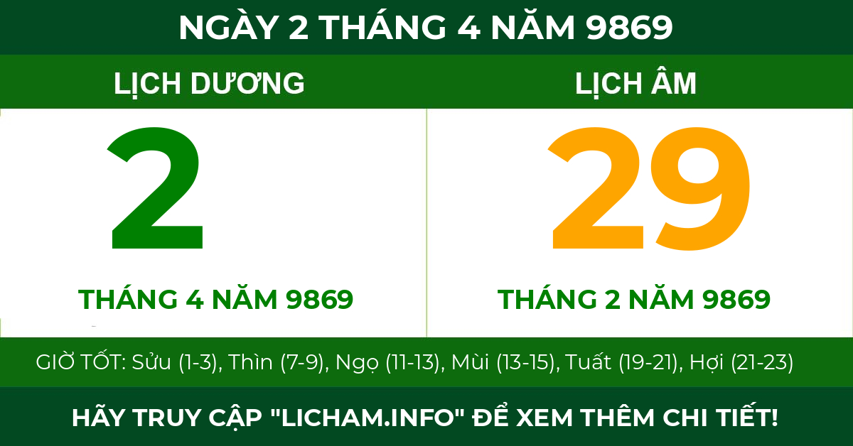 lịch âm ngày 2 tháng 4 năm 9869