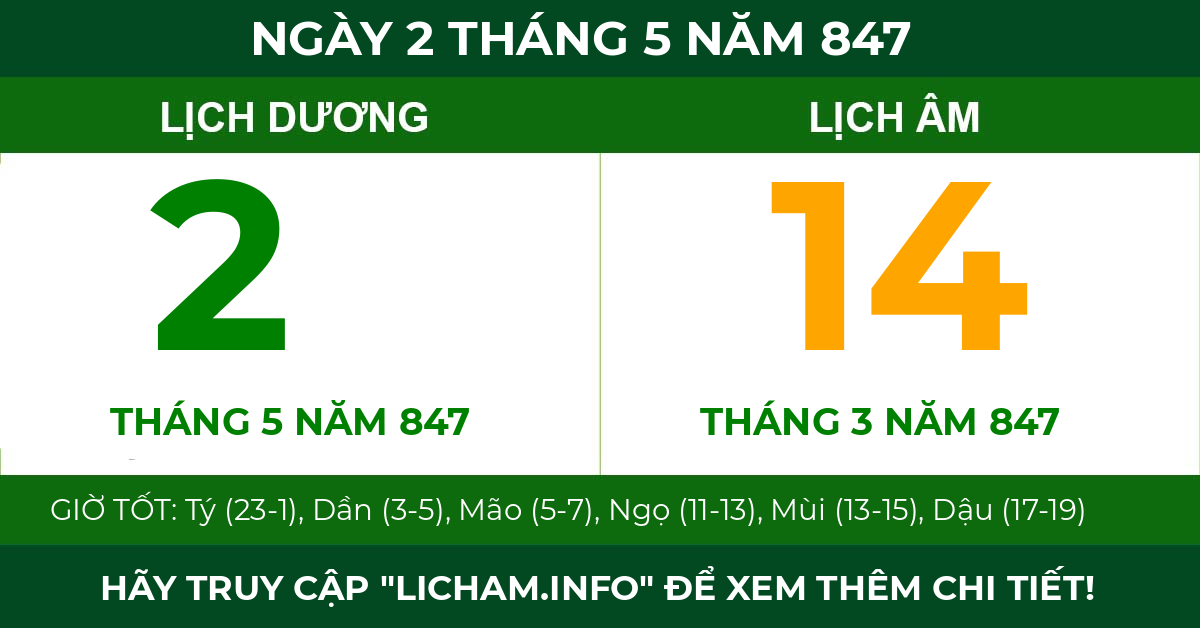 lịch âm ngày 2 tháng 5 năm 847