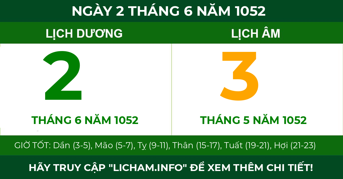 lịch âm ngày 2 tháng 6 năm 1052