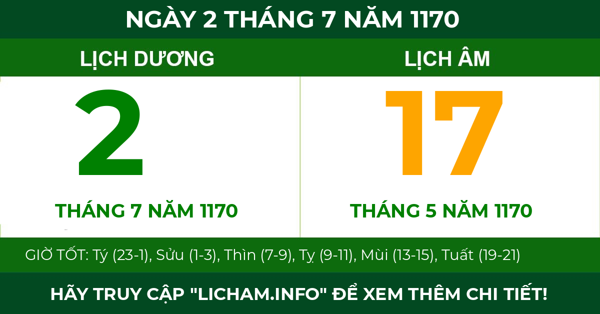 lịch âm ngày 2 tháng 7 năm 1170
