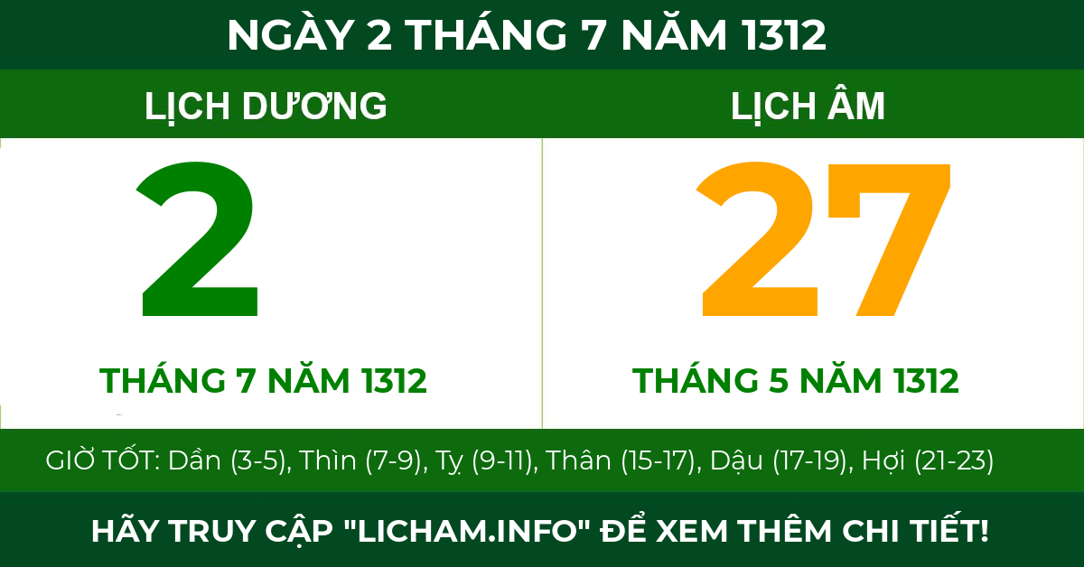 lịch âm ngày 2 tháng 7 năm 1312
