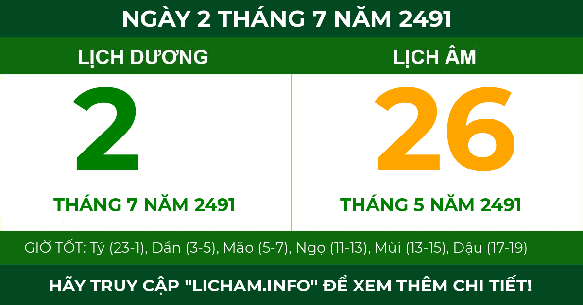 lịch âm ngày 2 tháng 7 năm 2491