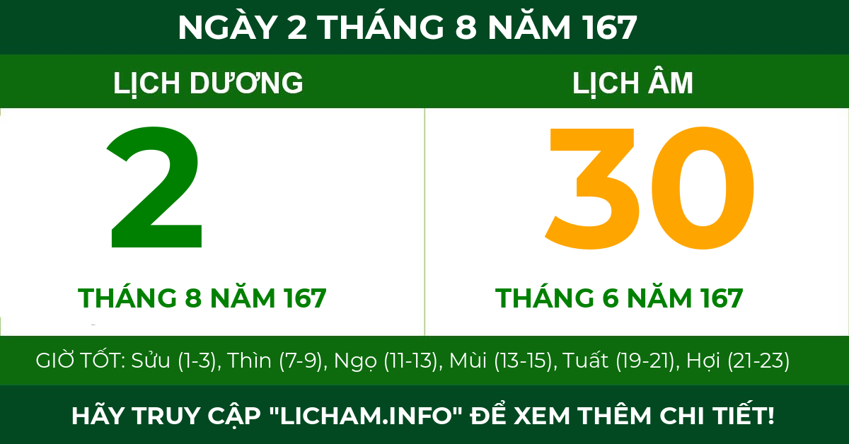 lịch âm ngày 2 tháng 8 năm 167