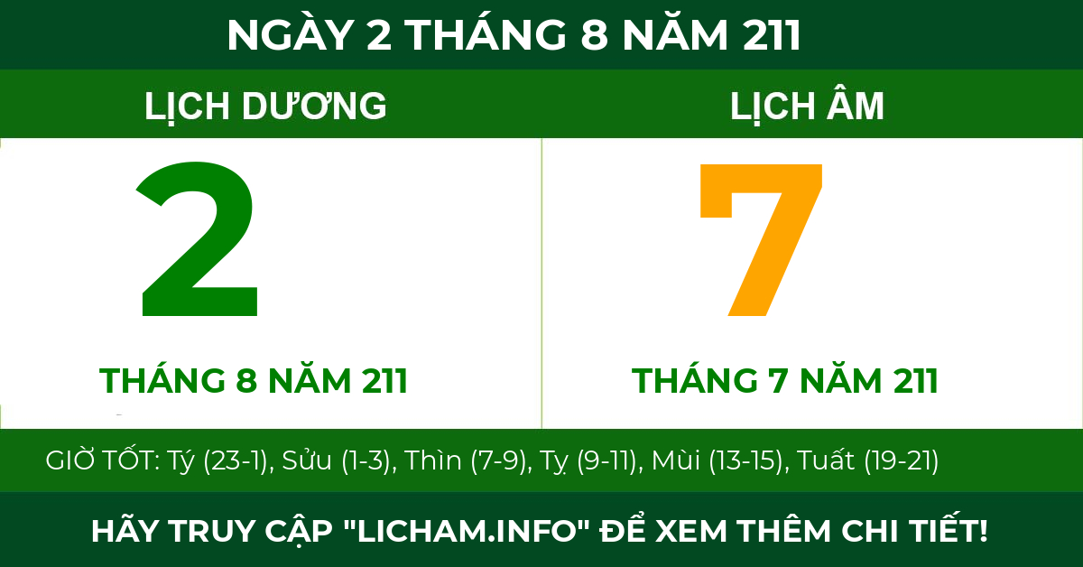 lịch âm ngày 2 tháng 8 năm 211