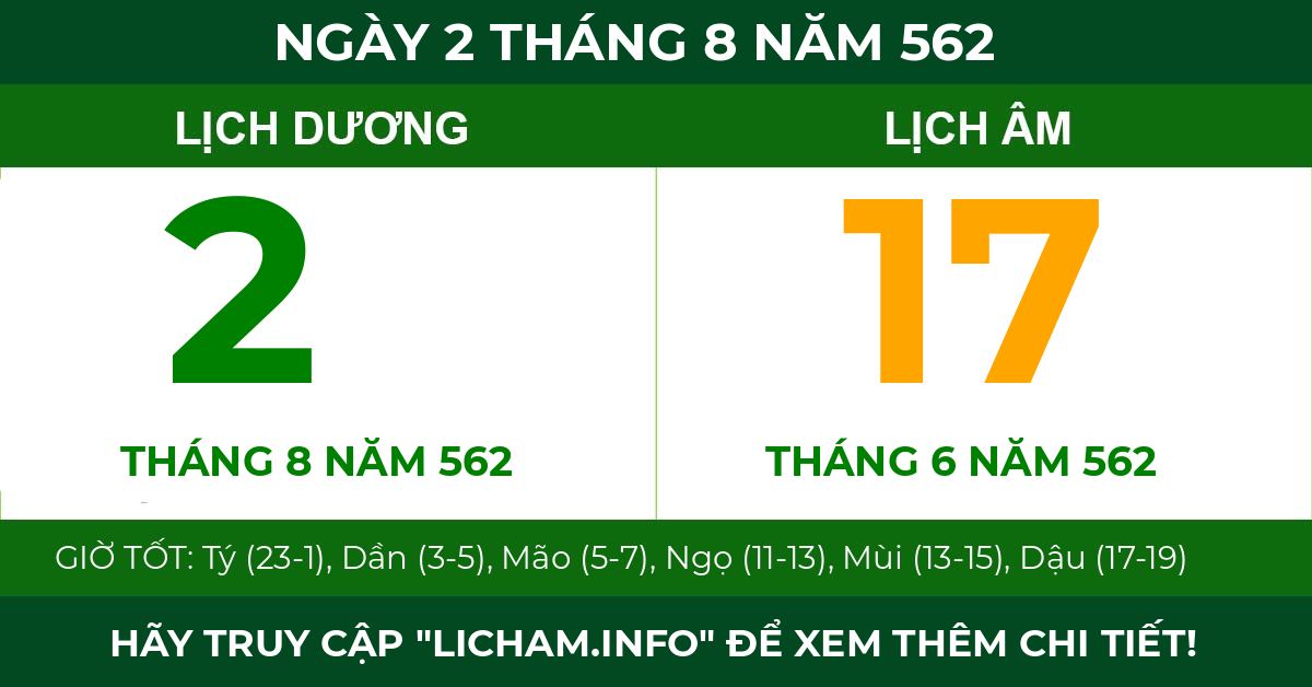 lịch âm ngày 2 tháng 8 năm 562