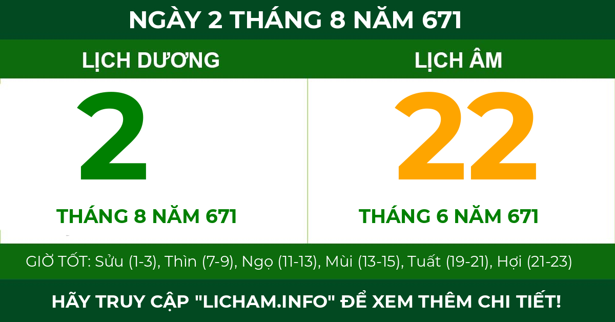lịch âm ngày 2 tháng 8 năm 671