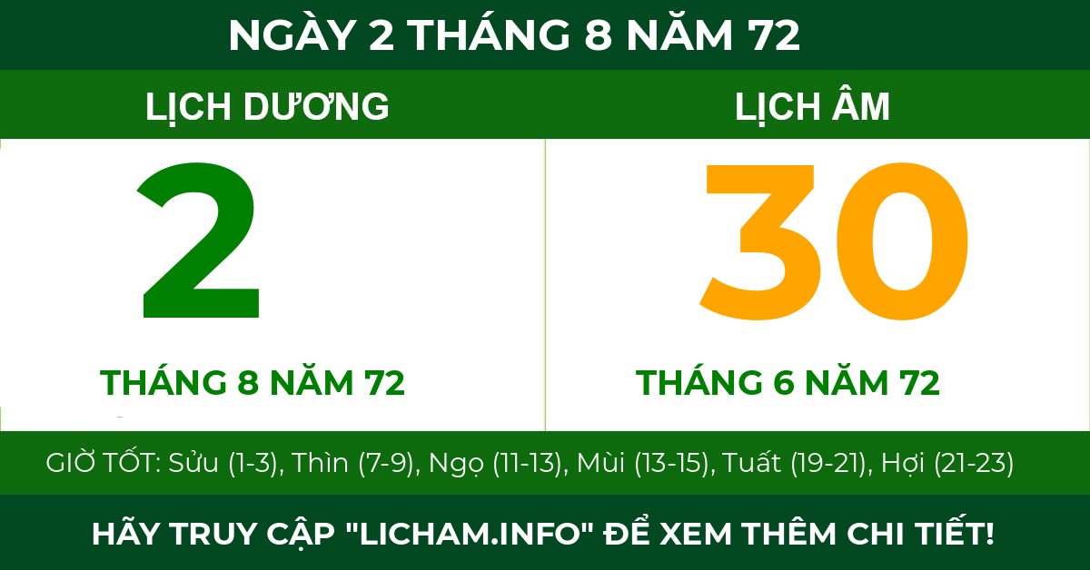 lịch âm ngày 2 tháng 8 năm 72