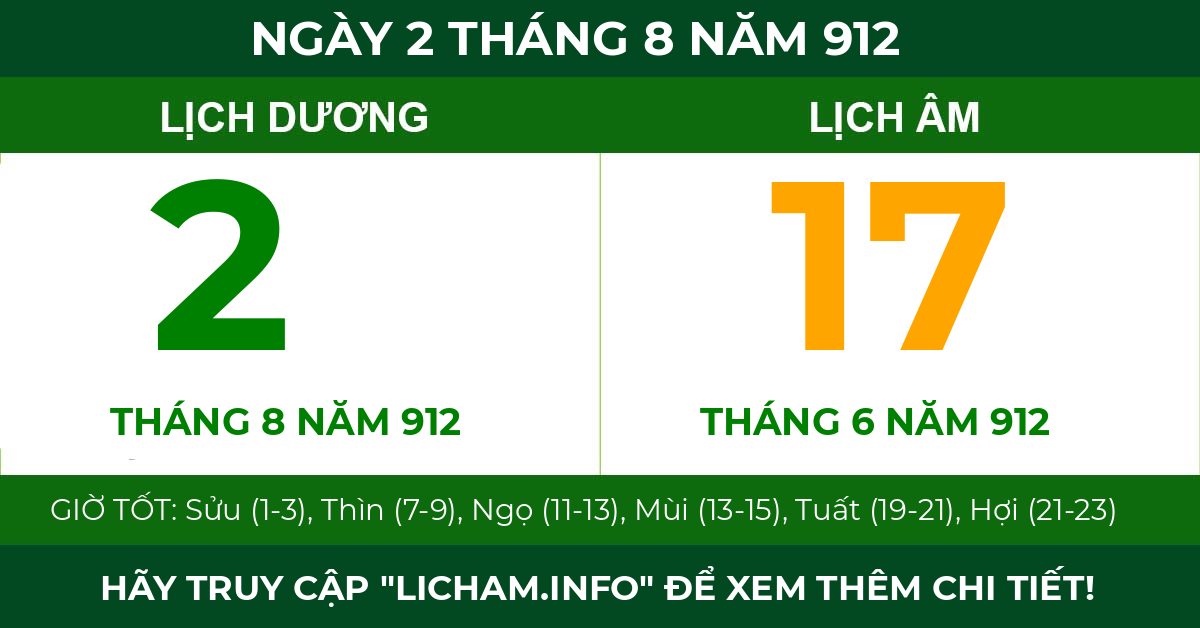lịch âm ngày 2 tháng 8 năm 912
