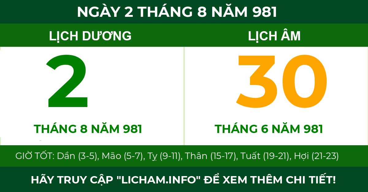 lịch âm ngày 2 tháng 8 năm 981