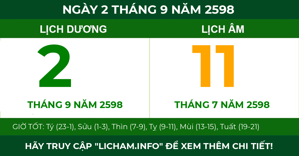 lịch âm ngày 2 tháng 9 năm 2598
