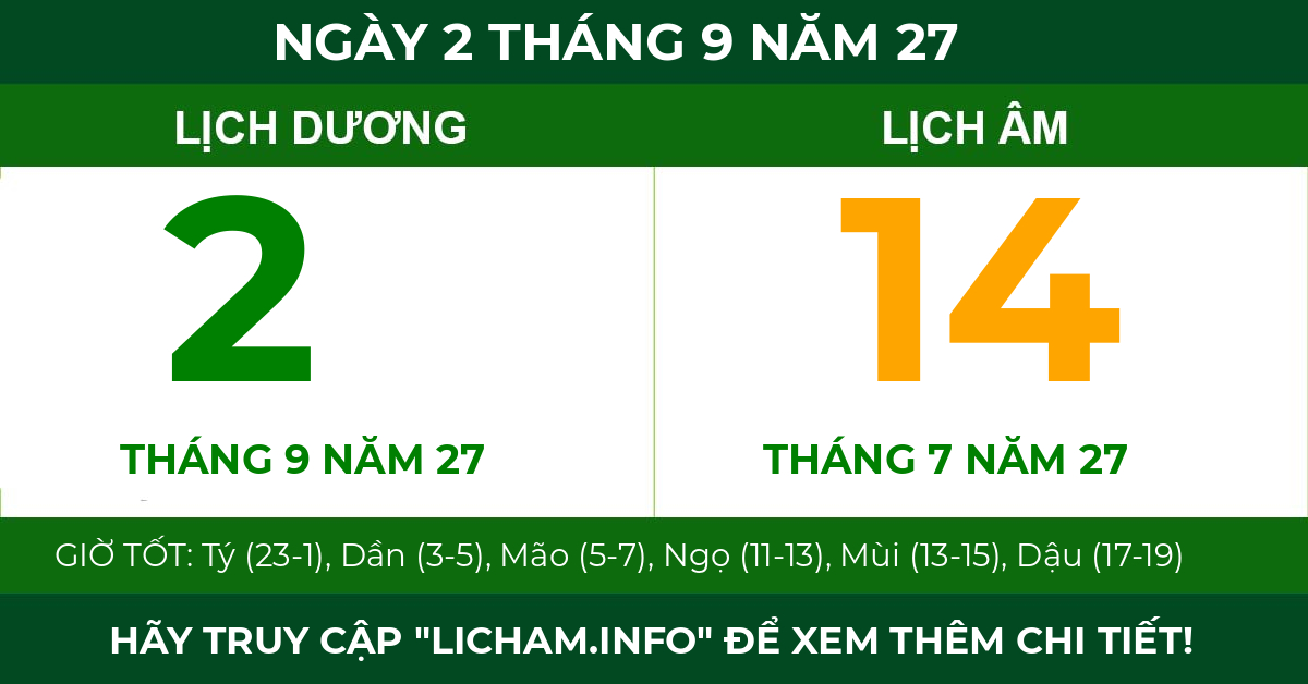 lịch âm ngày 2 tháng 9 năm 27