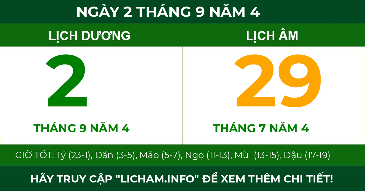 lịch âm ngày 2 tháng 9 năm 4