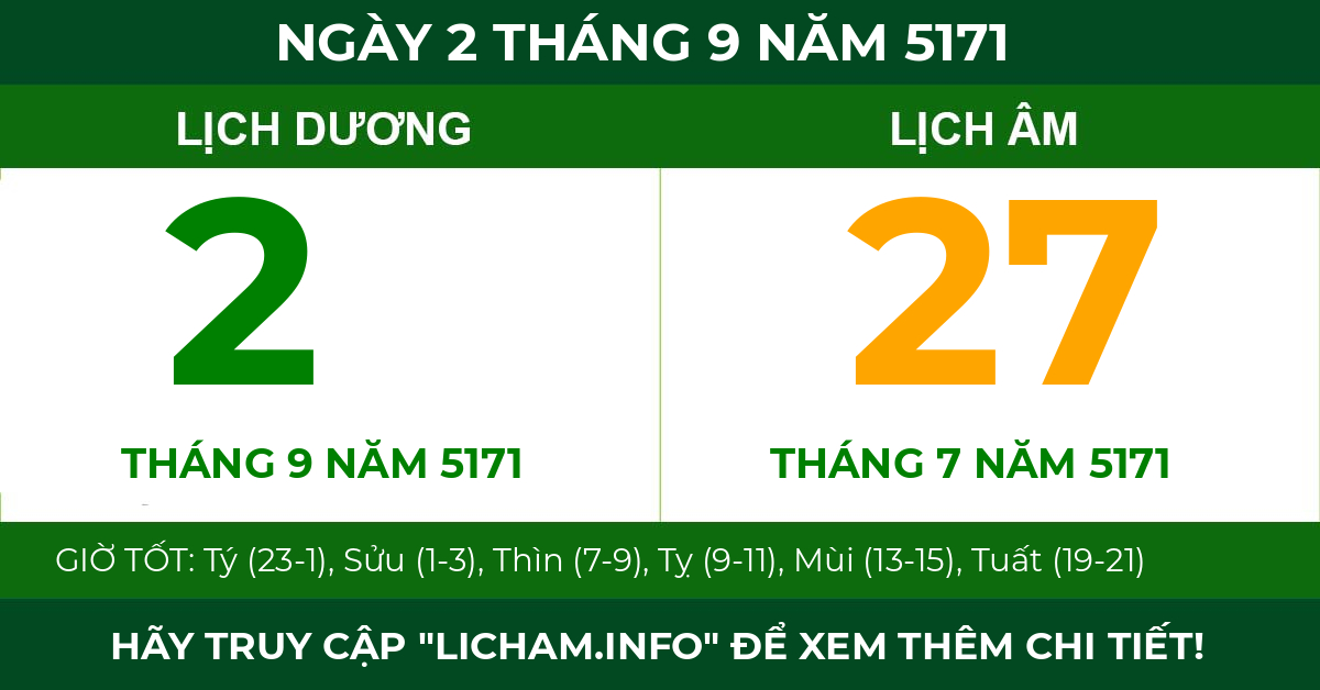lịch âm ngày 2 tháng 9 năm 5171