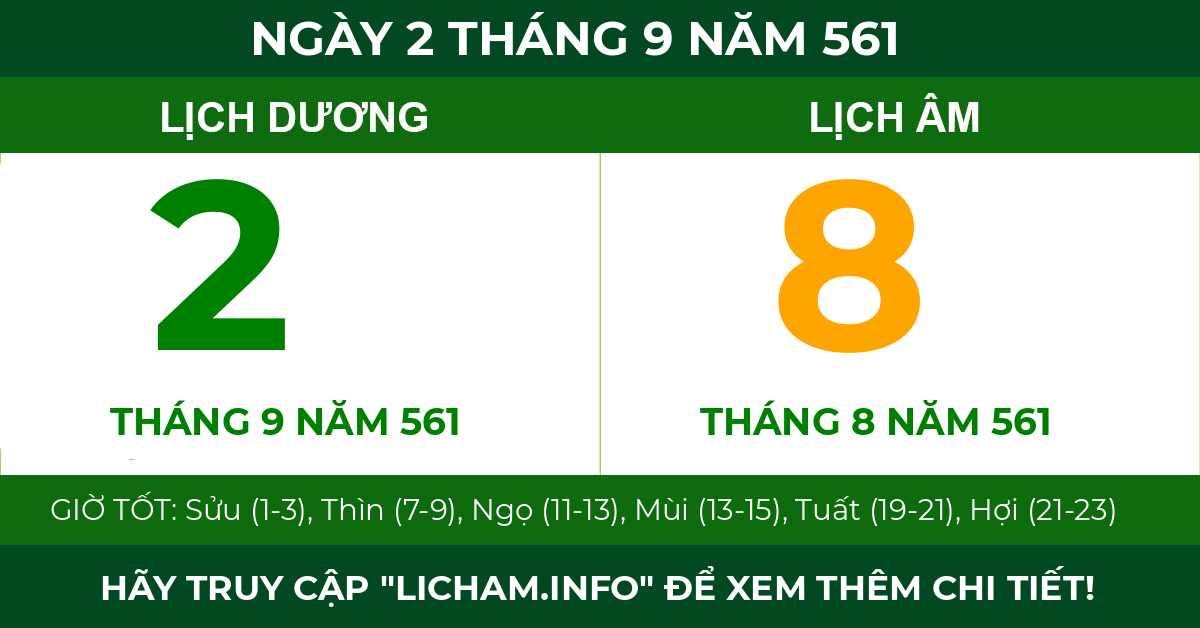 lịch âm ngày 2 tháng 9 năm 561
