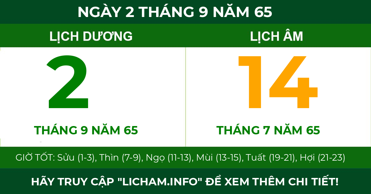 lịch âm ngày 2 tháng 9 năm 65