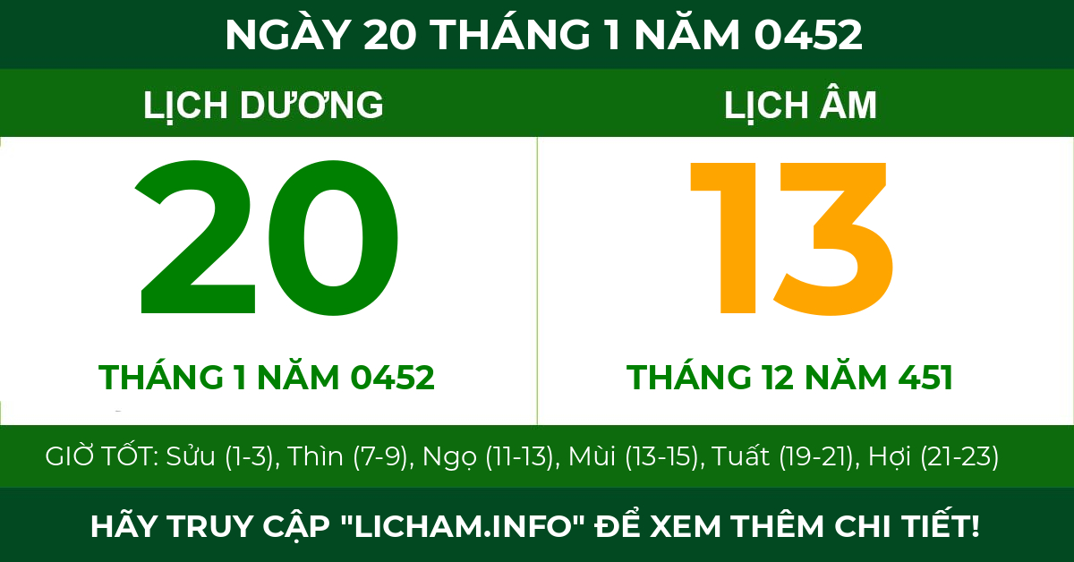 lịch âm ngày 20 tháng 1 năm 0452