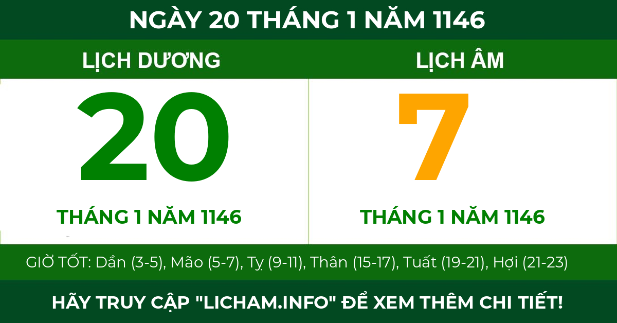 lịch âm ngày 20 tháng 1 năm 1146