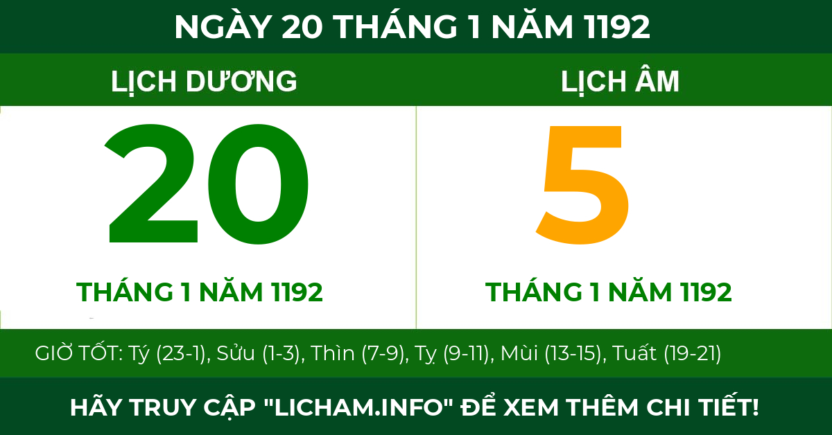 lịch âm ngày 20 tháng 1 năm 1192